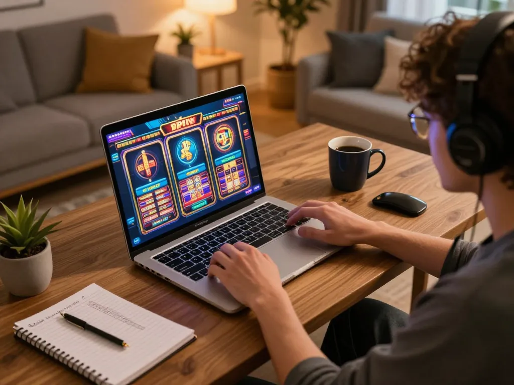 C168 player engaging with online slots in a cozy home setting with strategy notes