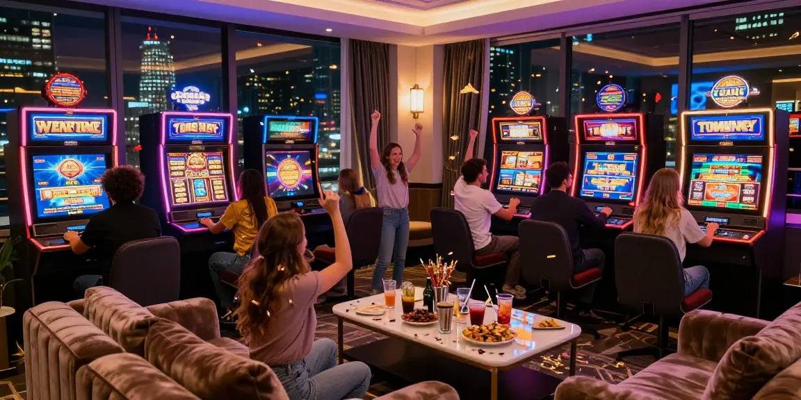 LUXURY777 permainan slot di lounge mewah dengan suasana meriah dan teman-teman bersorak.