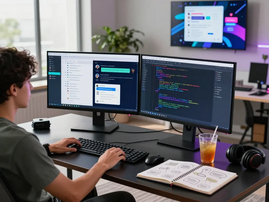 AI software engineer developing juicy ai chat applications in a vibrant workspace.