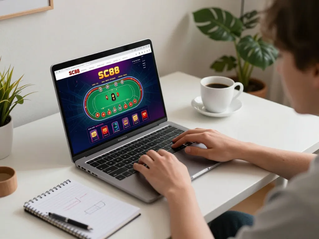 Engage in online gaming as you đăng ký SC88 with a laptop on a stylish desk, enhancing your strategy.