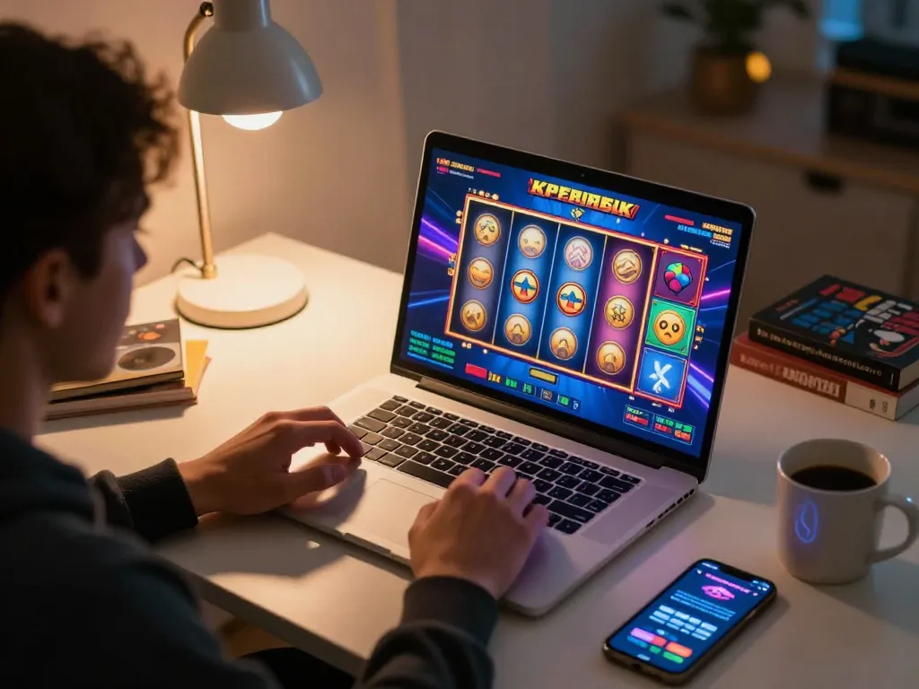 Engaging in kp88 game online, a gamer focused on vibrant slot interface at a modern home setup.