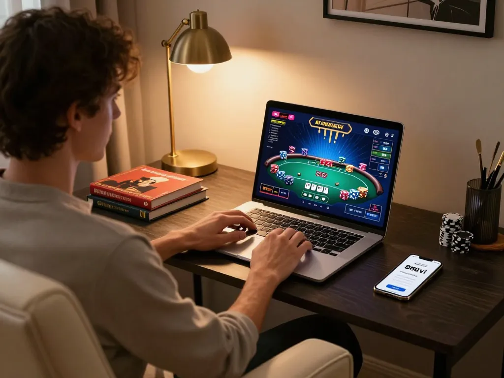 Play poker online with 888vi in a stylish home gaming setup, featuring vibrant interface and strategy notes.