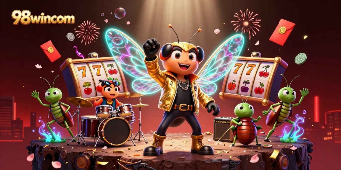 Visualize 98wincom casino excitement with a vibrant scene of a rock star and gambling symbols.