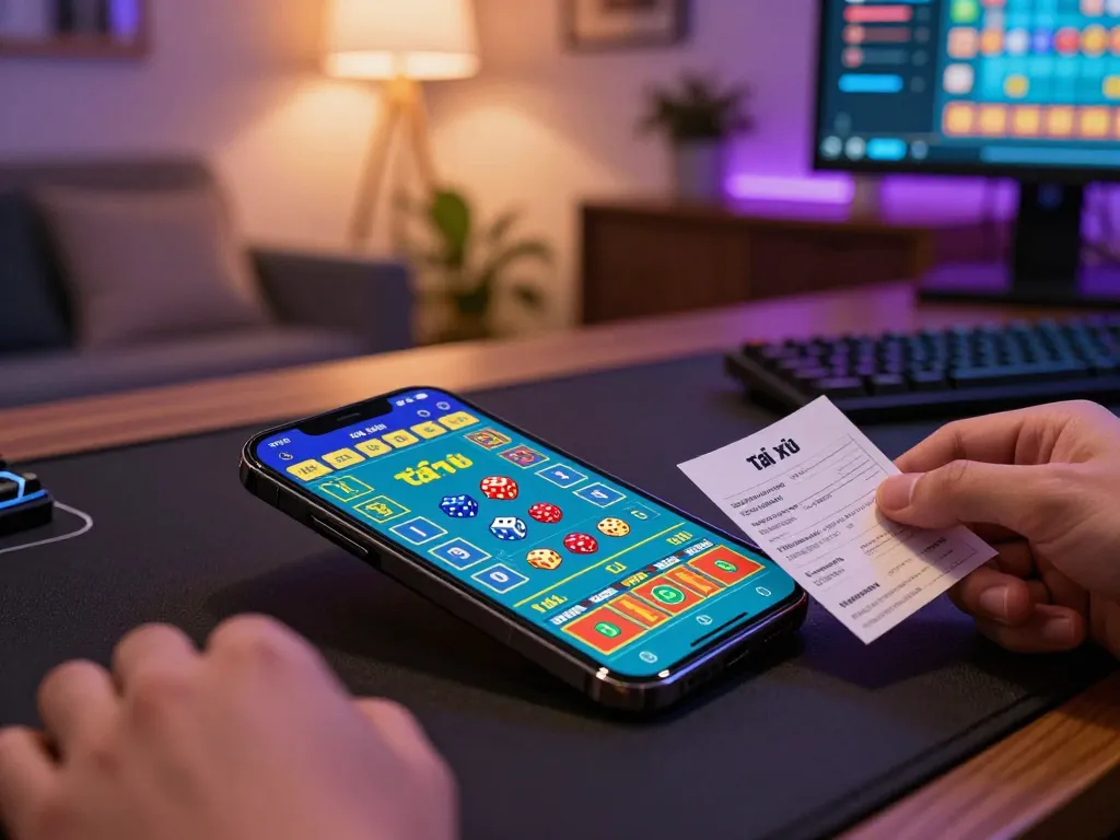 Engaged player placing a bet on tài xỉu game using a smartphone, showcasing a strategic online gambling experience.
