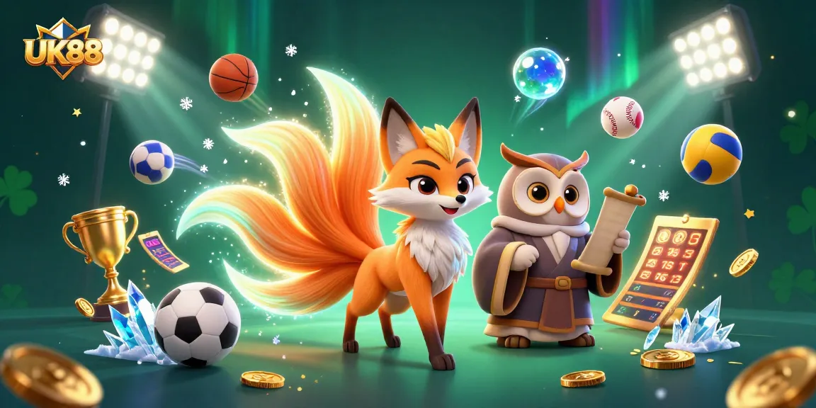 Engage with UK88’s vibrant casino scene featuring a nine-tailed fox and wise owl amidst dynamic sports elements.