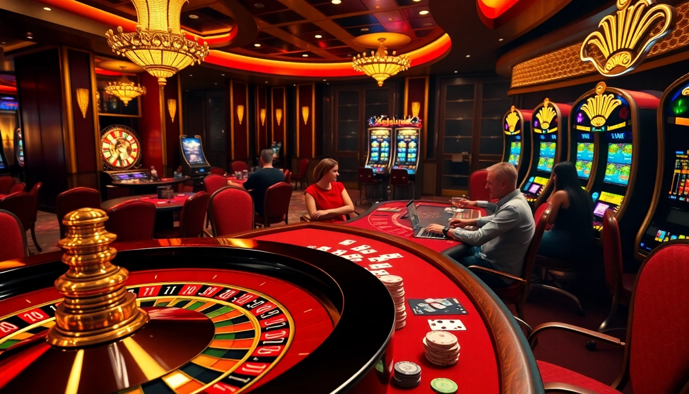Rajaluck casino scene showing players engaged at a roulette table and poker games, emphasizing excitement and strategy.