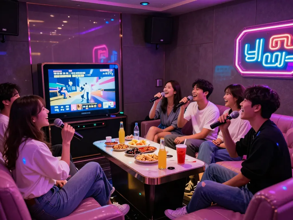 3no.org/bupyeong에서 프라이빗 노래방 경험을 즐기는 친구들, 생동감 넘치는 분위기와 독특한 부평의 밤문화 강조.