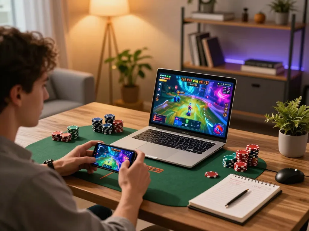 B58club player engaged in online gaming with laptop and smartphone displaying betting strategies.