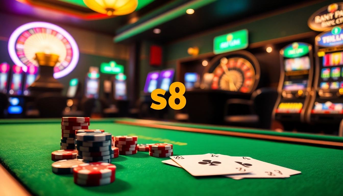 S8 nhà cái casino scene featuring vibrant poker table with chips and cards.