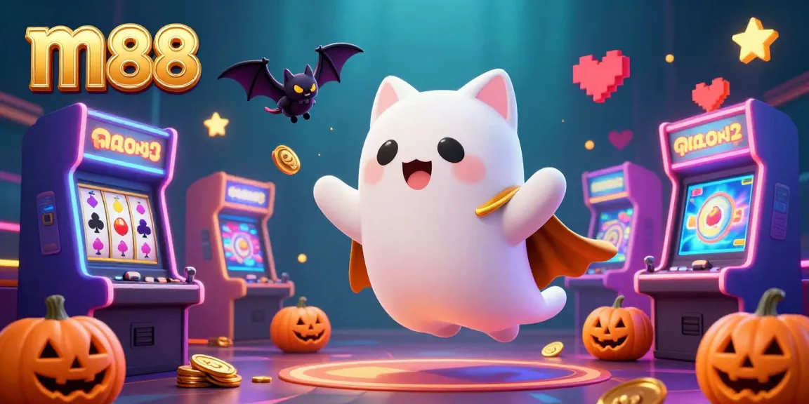Experience the thrills of m88 in a cartoon illustration featuring a ghost cat, vampire bat, and a casino setting.