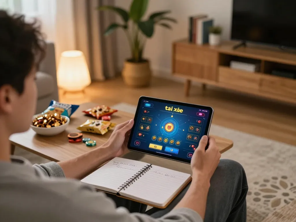 Engaging in tài xỉu online gaming on a tablet at home, with strategic notes on coffee table.