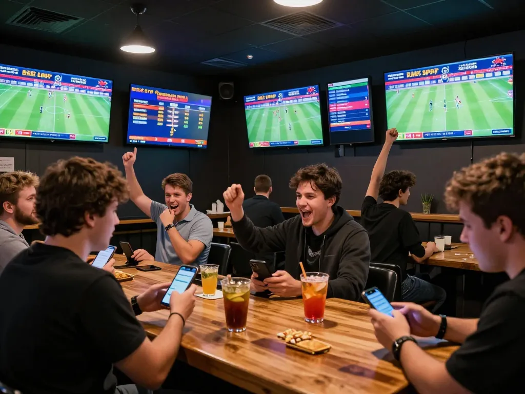 Des clients enthousiastes interagissant avec un site de paris sportif tout en regardant des sports dans une ambiance de bar dynamique