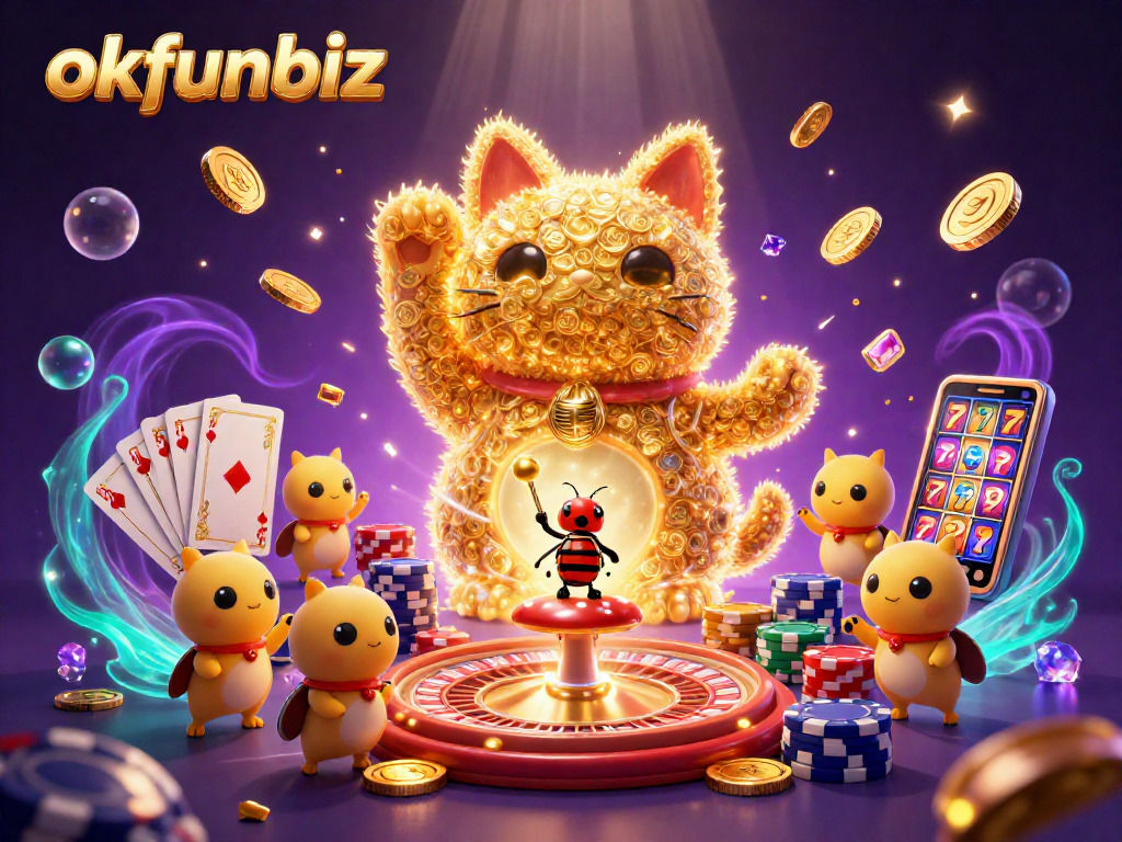 Experience thrilling gameplay at okfunbiz with a dynamic lucky cat representing casino symbols!