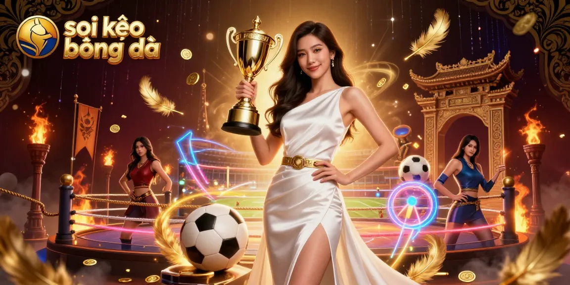 Soi kèo bóng đá trophy celebration, showcasing a victorious Asian woman surrounded by sports betting excitement.