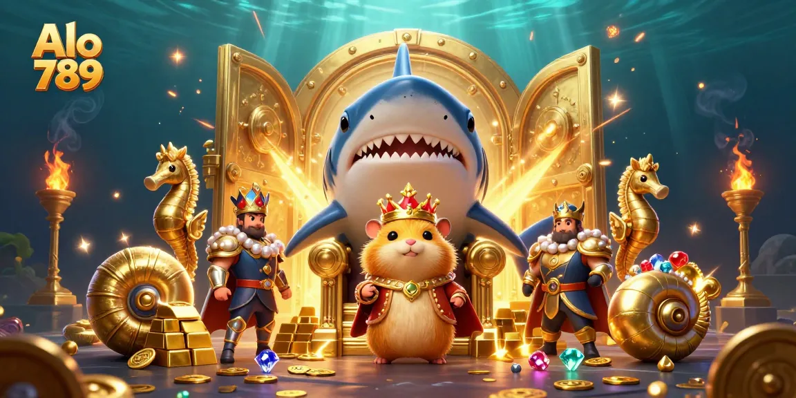 Alo 789 features a fierce golden hamster king in a treasure-filled underwater casino scene enticing gamers.