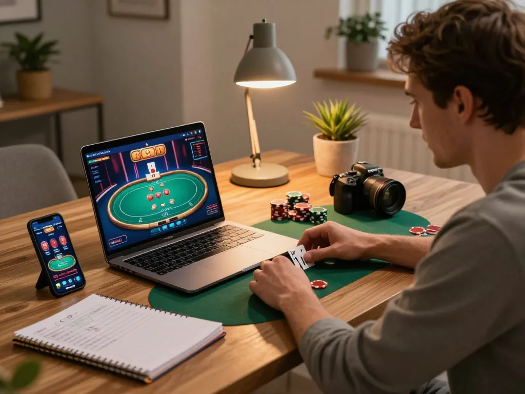 Nekatwin login showcasing player engaged in online poker gaming from cozy home setup