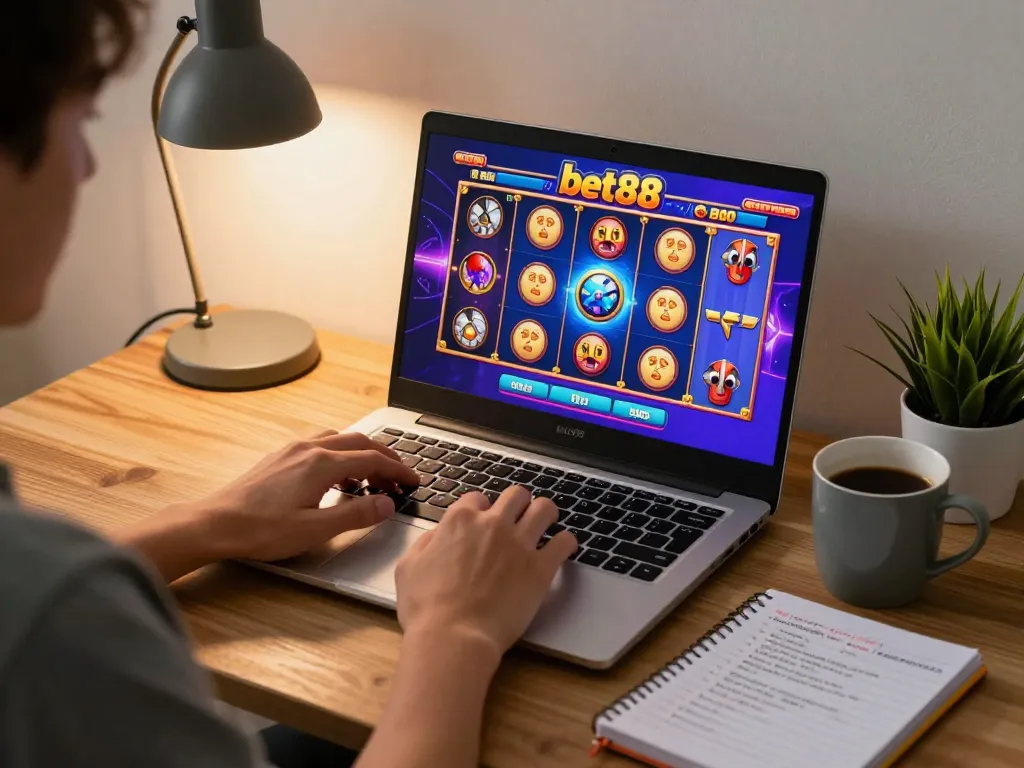 Player enjoying a bet88 online casino game on a laptop at home, showcasing an engaging slot machine interface