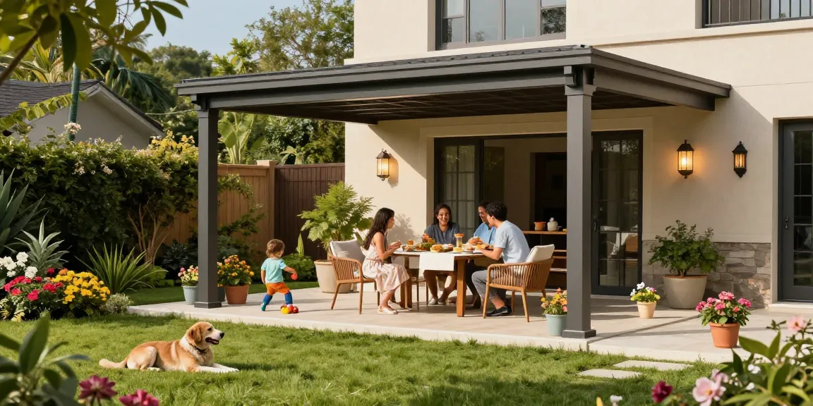 Moderne freistehende Terrassenüberdachung in einem einladenden Garten mit spielenden Kindern.