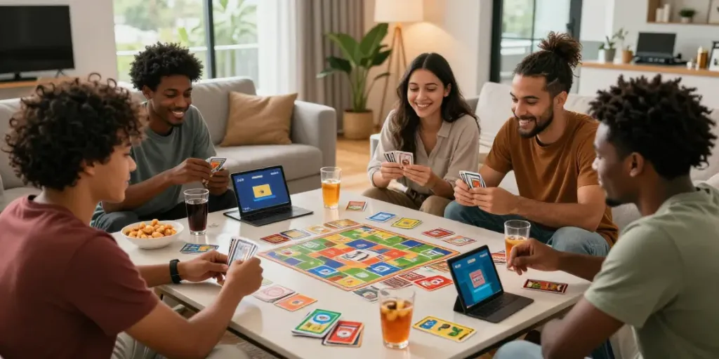 Friends enjoying Rumble Rummy at home, showcasing interactive gaming experience.