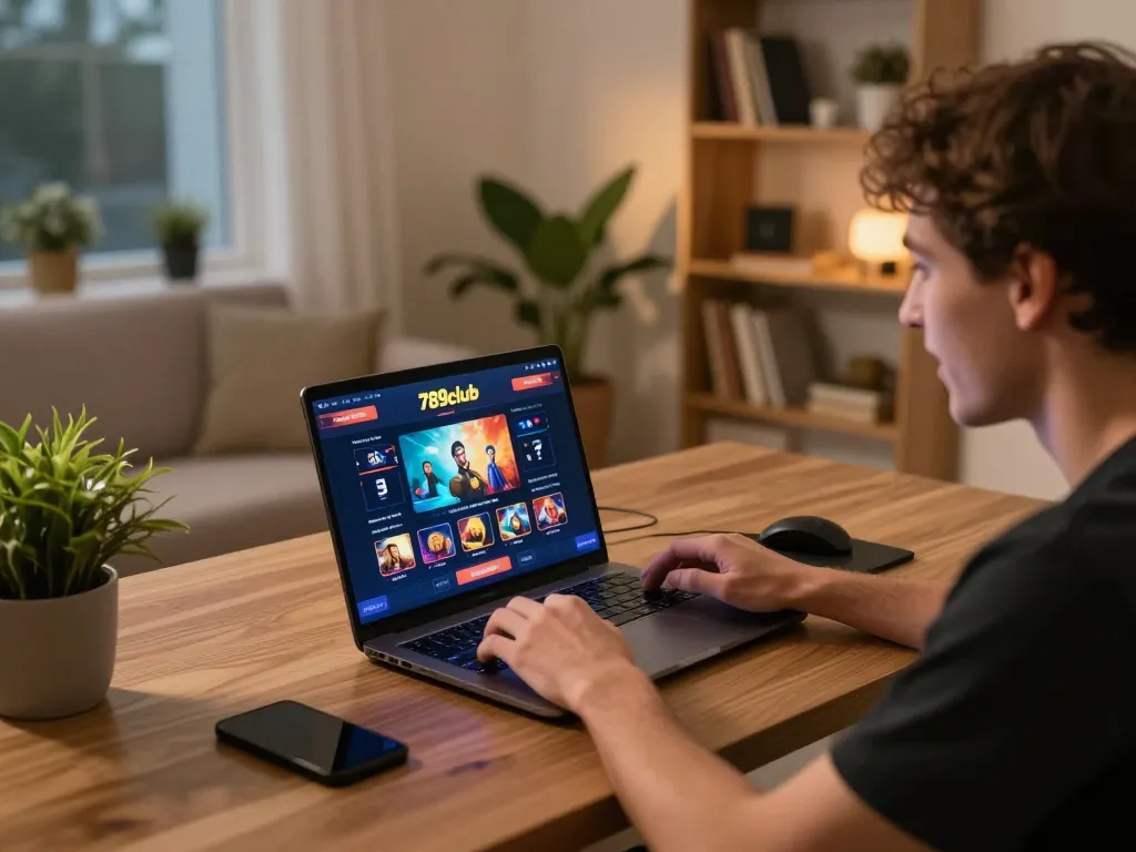 Engaging user plays at 789club online gaming setup with a laptop interface.