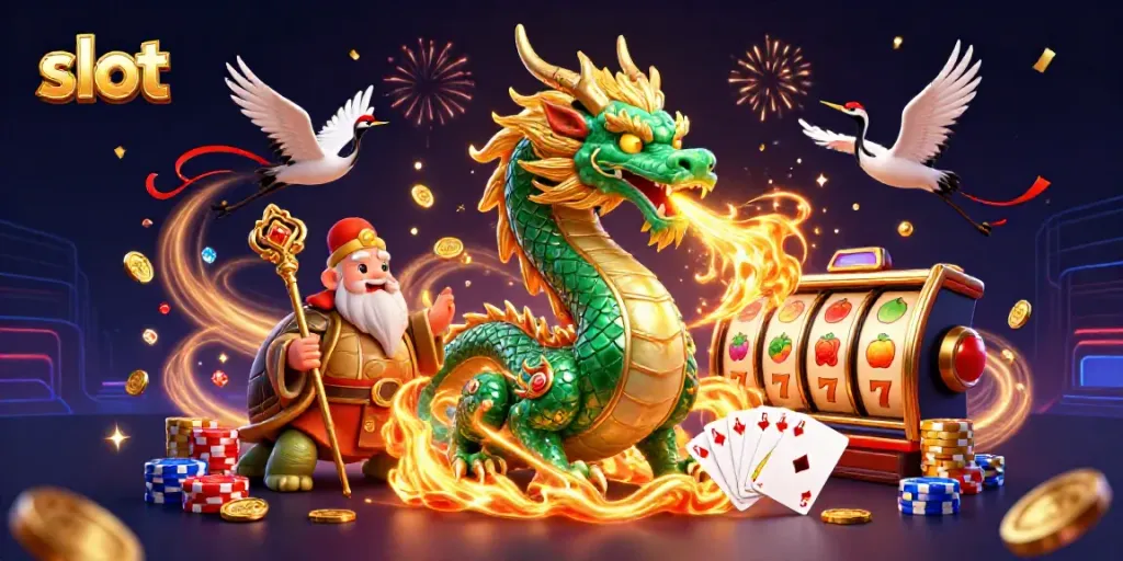 Spin the slot reels with the emerald dragon and lucky symbols in a vibrant 3D casino scene.