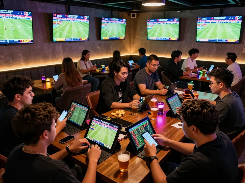 Excited bettors placing wagers at a sports lounge featuring GG88 screens showcasing live events