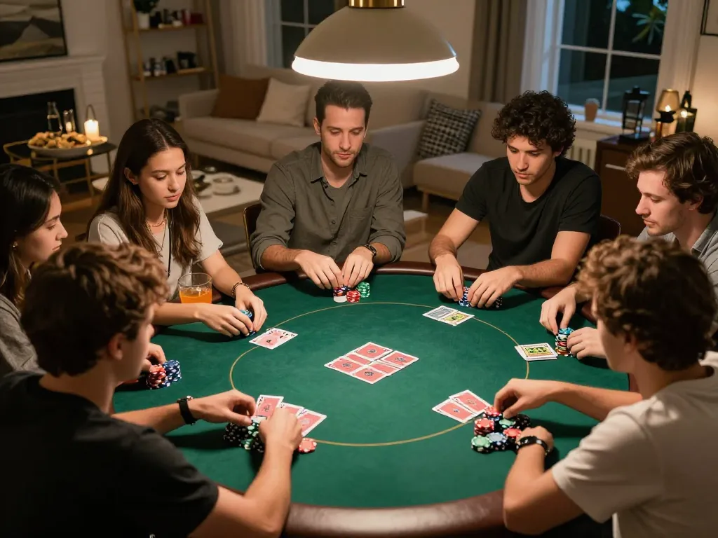 Friends enjoying a poker night strategy session at home with keonhacaii insights.