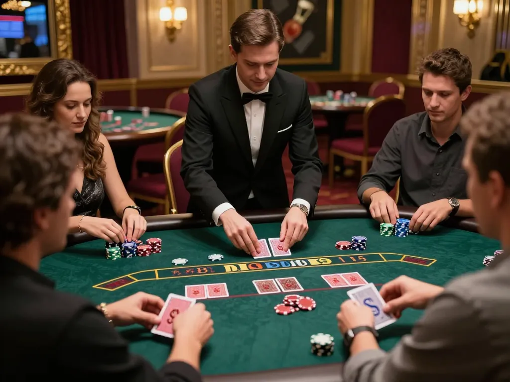 GO88 players strategically placing bets at an engaging blackjack table in a luxurious casino environment.