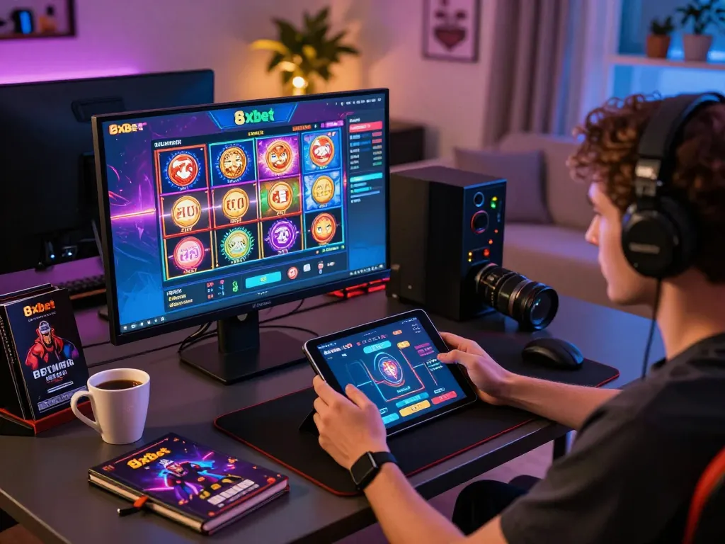 Player enjoying online gaming at 8xbet on a tablet in a cozy home setting.
