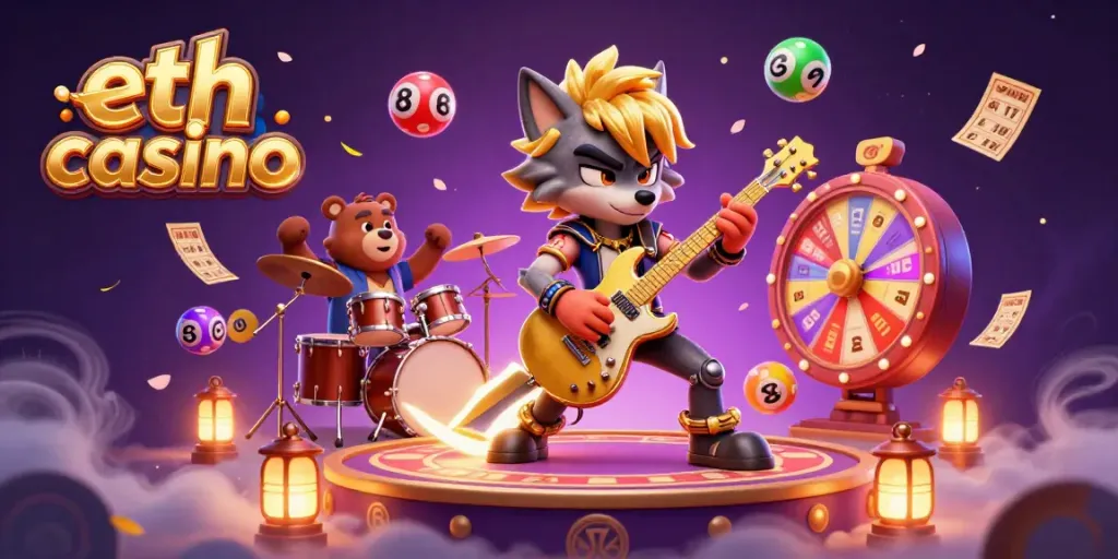 Enjoy thrilling action at eth casino with cartoon wolf rock star and colorful lottery games.