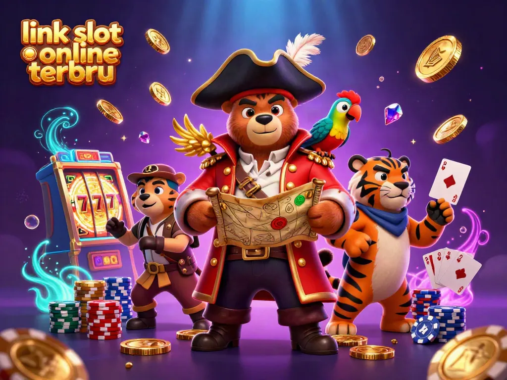Menampilkan karakter beruang bajak laut dan harimau dengan simbol slot, "link slot online terbaru".