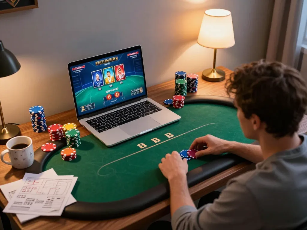 Player engaging in an intense poker game on 33win's online casino platform.