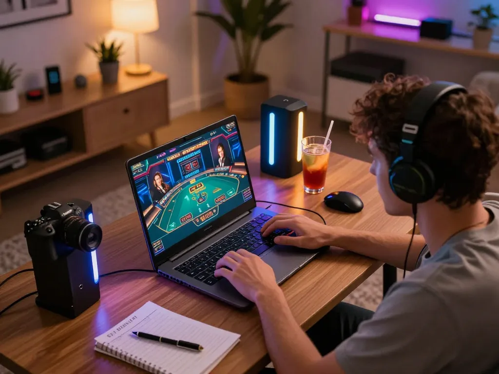 IWIN player engaging with live dealer casino game on a vibrant laptop setup in inviting home atmosphere.