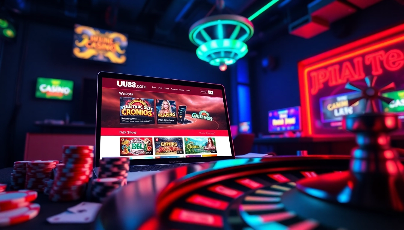 Engaging user experience on UU88 com with dynamic online gambling visuals including poker chips and a laptop.
