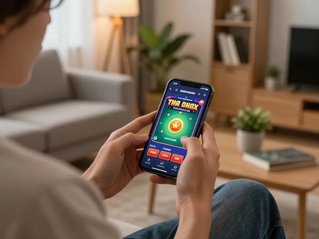 Engaged in game đổi thưởng mobile gameplay, excitedly placing bets in a cozy home setting.