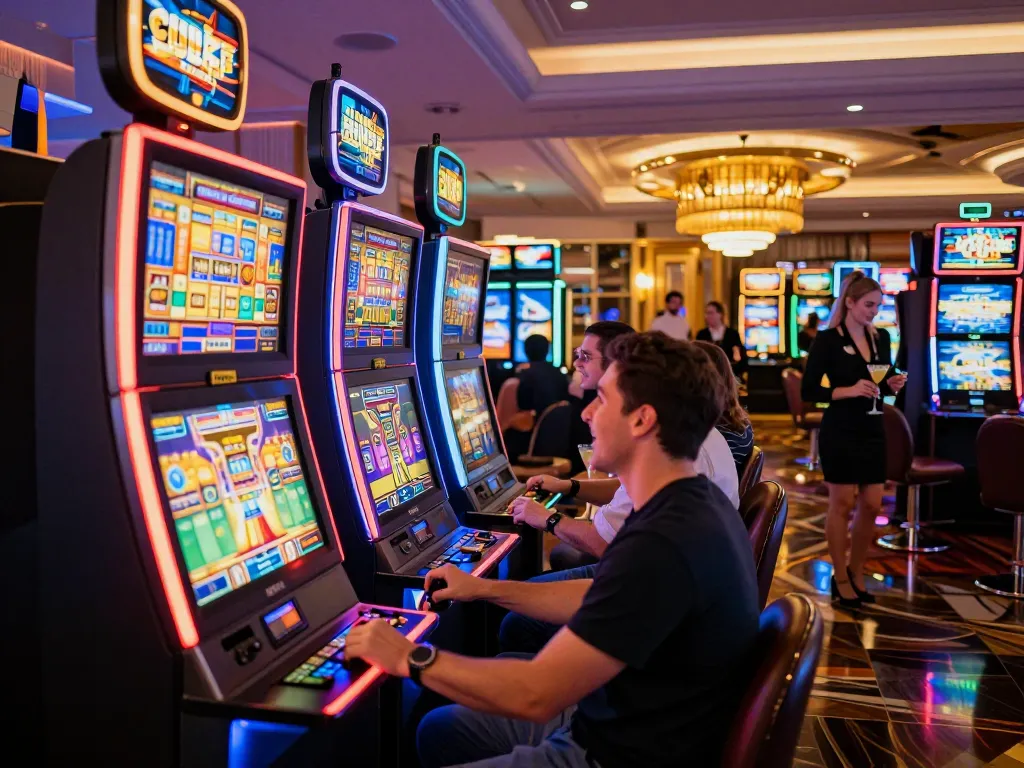 Kawasan mesin slot GOLDWIN88 yang ramai dengan semangat, pemain menikmati permainan digital yang cerah dan merayakan kemenangan