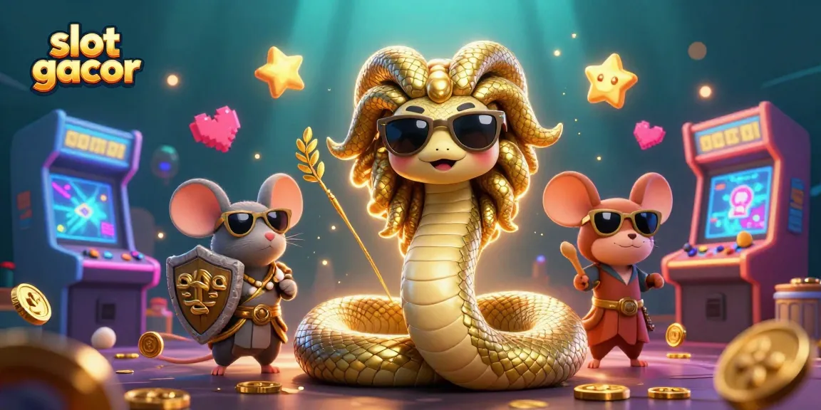 Menangkan slot gacor dengan karakter keramahan Medusa dan mouse prajurit dalam ilustrasi kasino 3D yang penuh warna.