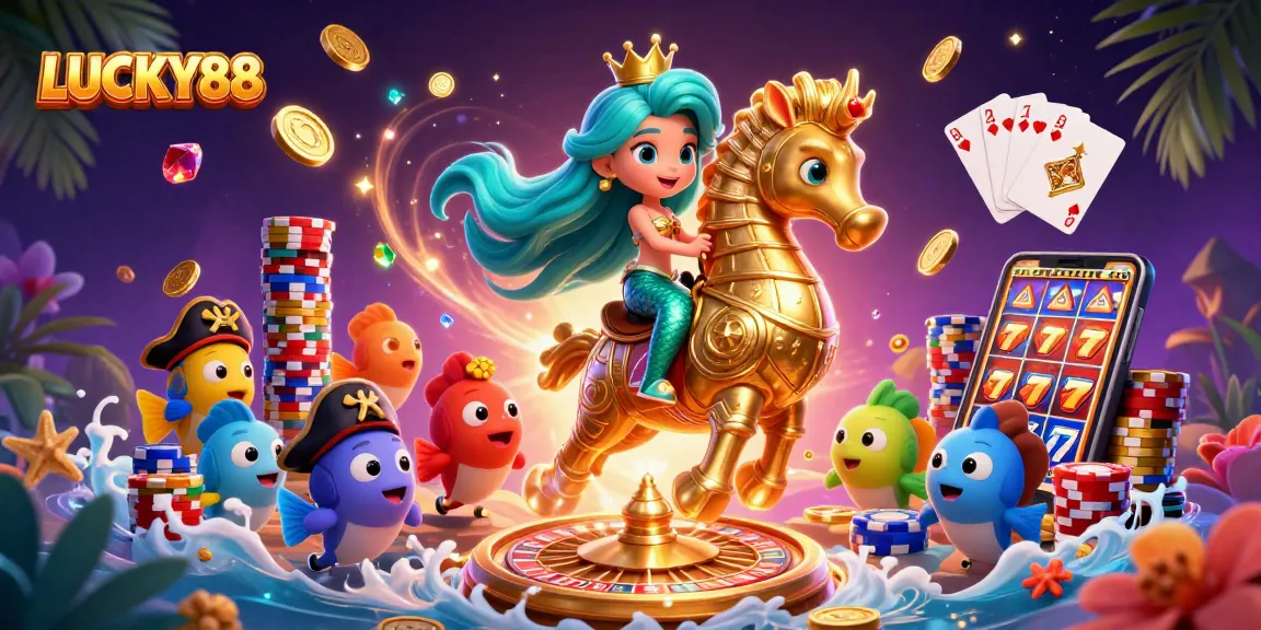 Experience thrilling gaming at LUCKY88 with vibrant characters and dynamic casino elements.