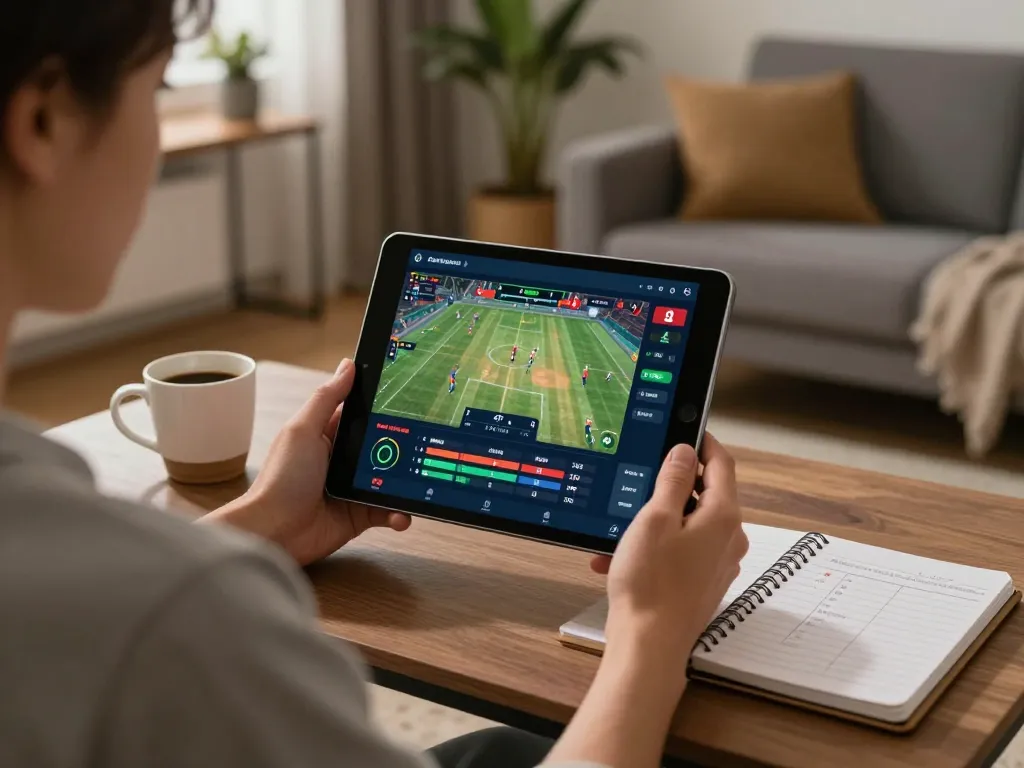 Person using god55vn for online sports betting with tablet in a cozy home setting.