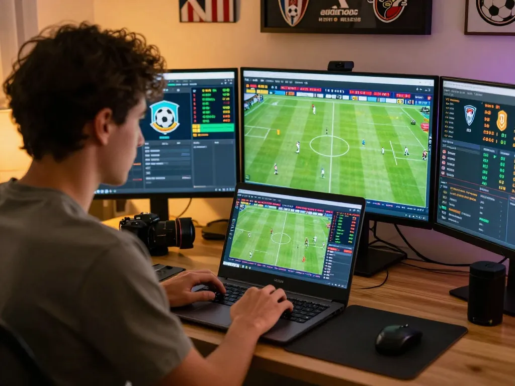 Engaging moment of sports betting with Keo nha cai 5 displayed on screens, analyzing game statistics.