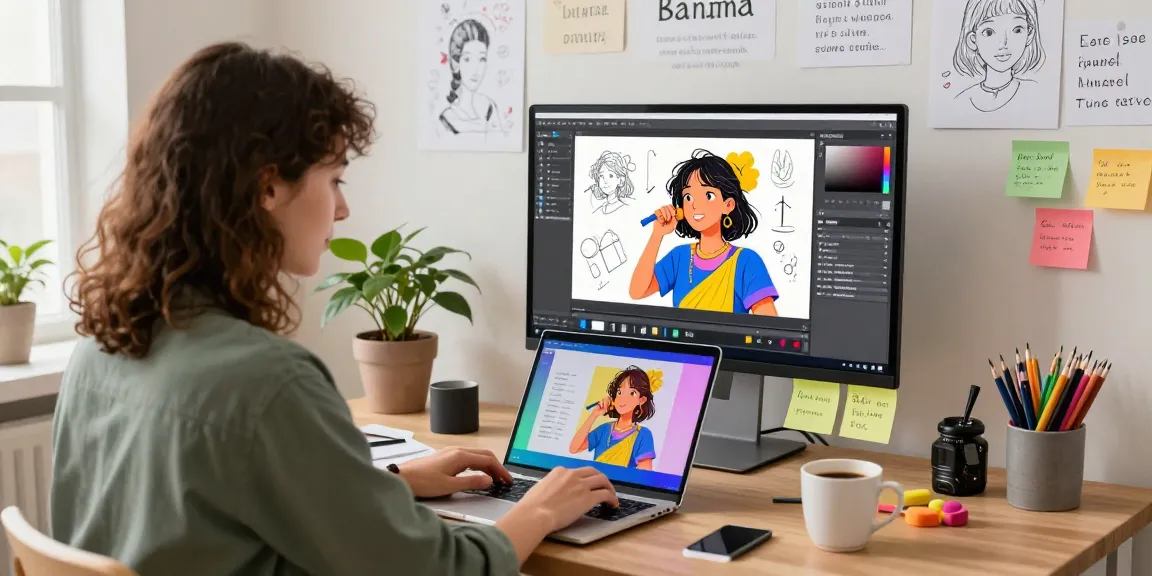 Designer using the Nano Banana AI image editor in a vibrant digital workspace, showcasing creativity and innovation.