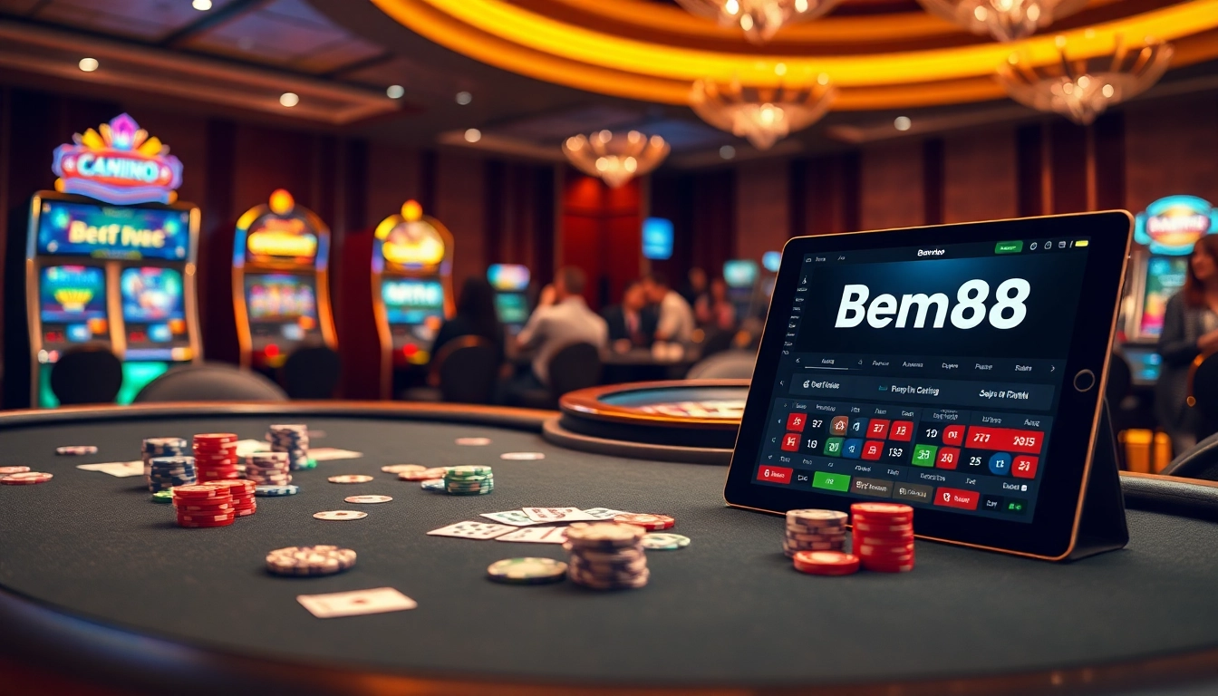 Experience the thrill of gambling with Bem88 at an elegant poker table featuring vibrant chips and cards.