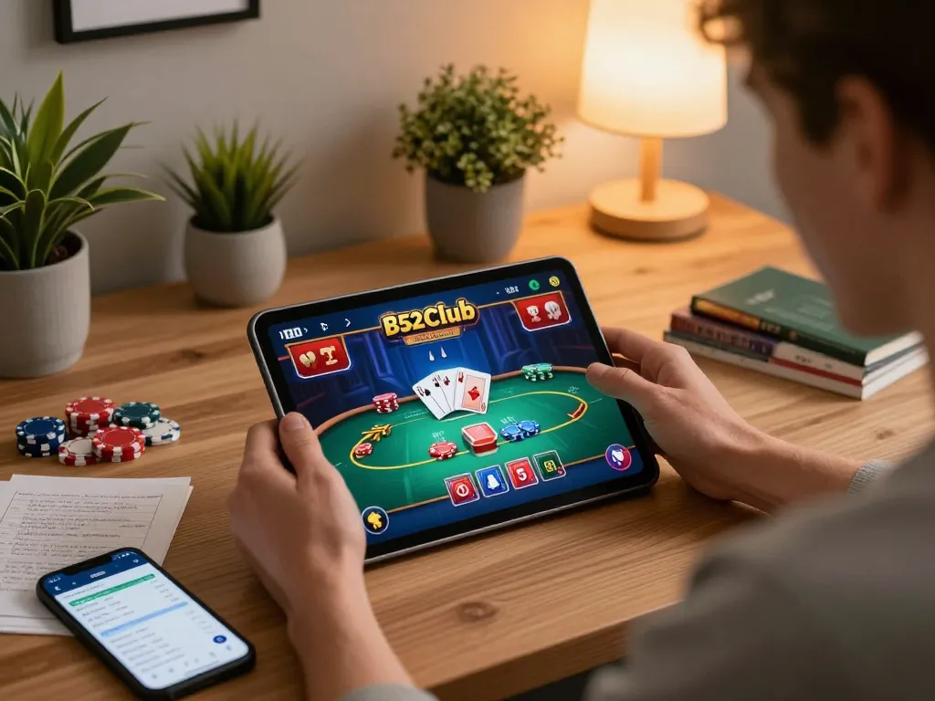 Engaging with the b52club online casino app during an exciting poker game at home, showcasing strategic notes and vibrant gameplay.