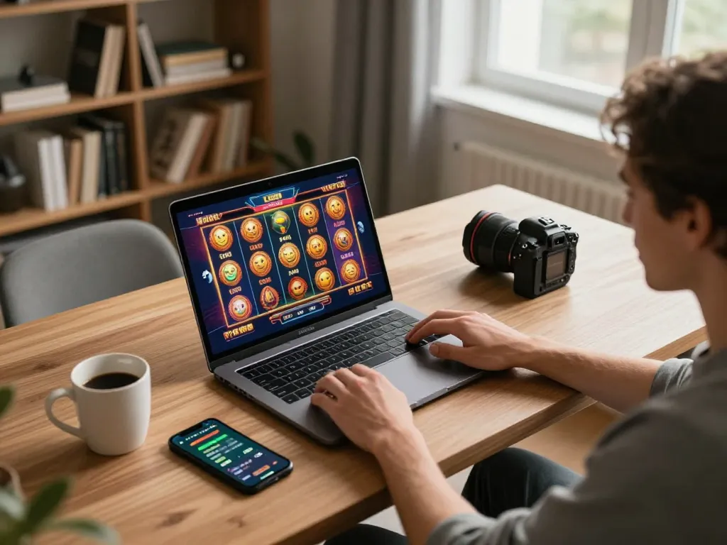 Seseorang menikmati permainan slot aman788 di laptop, menampilkan suasana bermain di rumah yang nyaman dengan elemen permainan yang strategis.