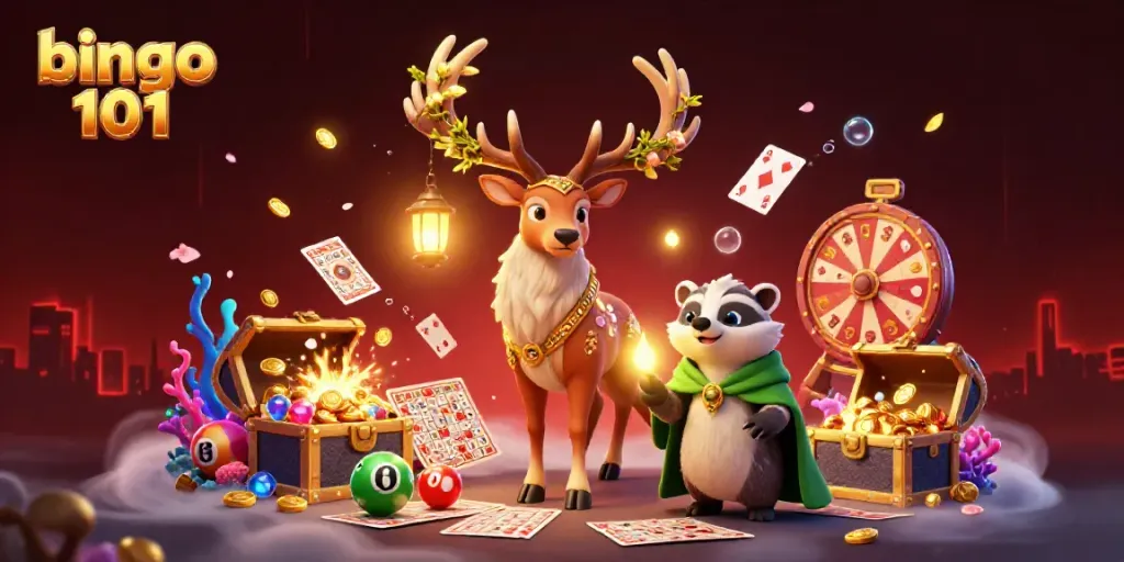 Engage with Bingo 101 through a dynamic 3D illustration blending bingo elements, druid imagery, and magical effects.