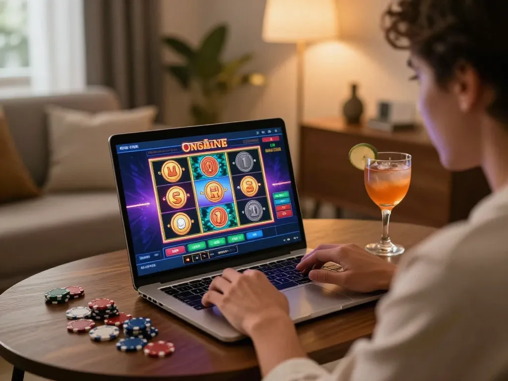 Person engaging with SC88 online slots on a laptop in a cozy home setting.