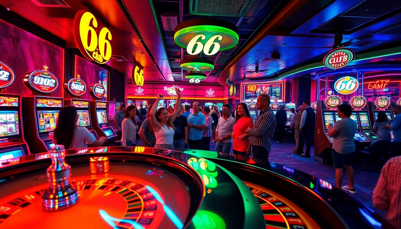 Exciting casino scene at 66 club with vibrant lights and happy players.