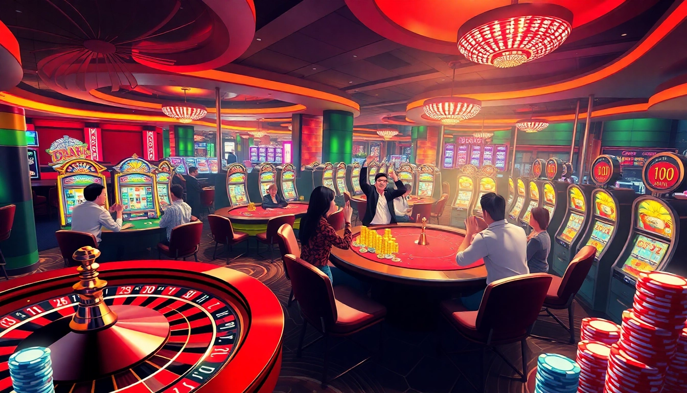 Rasakan perayaan kemenangan Datuk yang mendebarkan di kasino yang hidup dengan meja permainan yang ramai dan mesin slot.