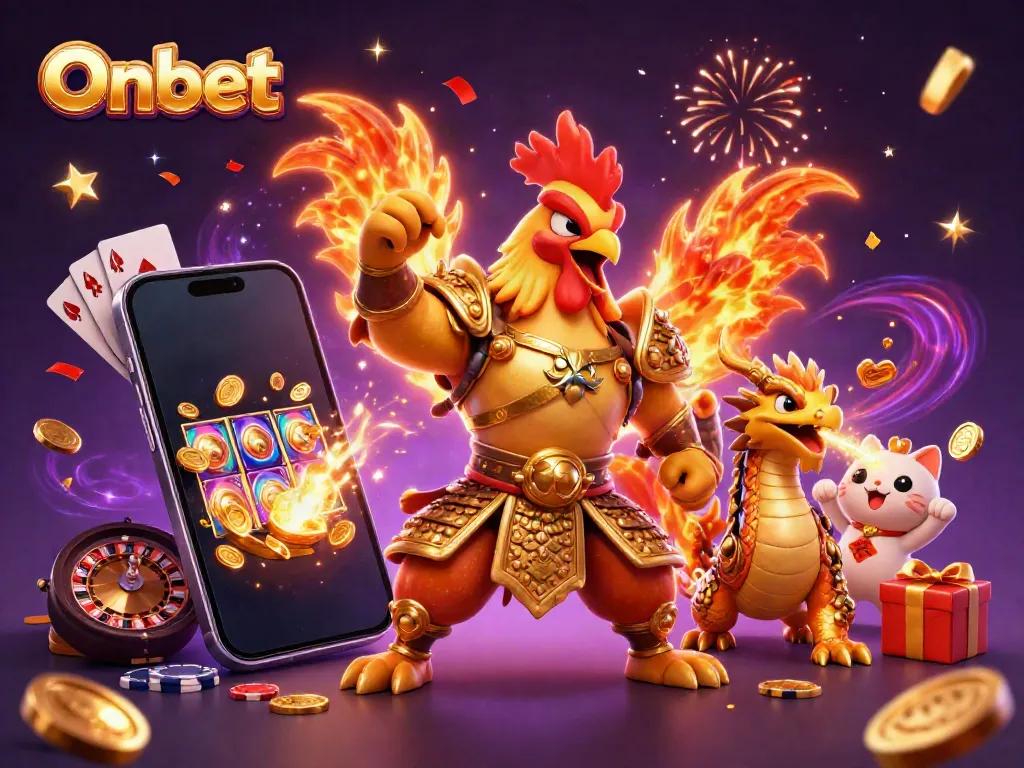 Onbet features vibrant casino excitement with a rooster warrior, dragon hatchling, and cheerful mascot in a dynamic gaming scene.