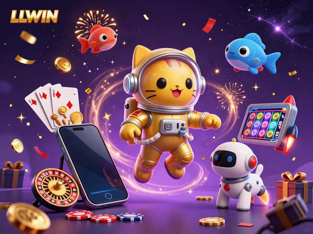 LLWIN engagingly showcases a colorful slot game scene with charismatic characters and festive gaming elements.